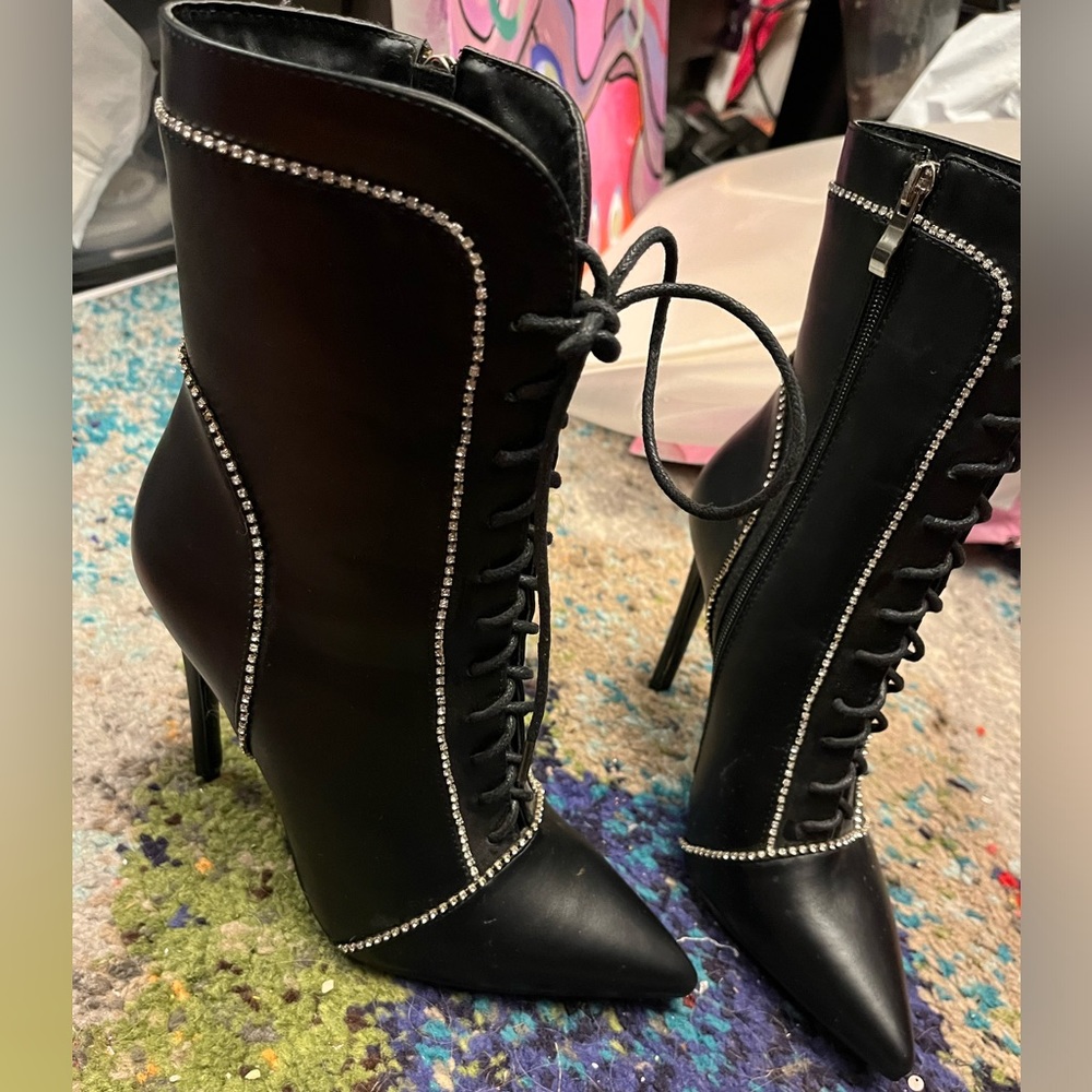 Black Azalea Wang high heel bootie with crystal trim accent